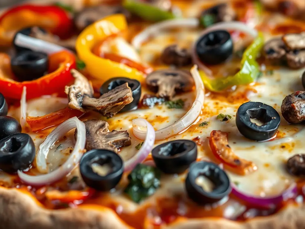 A colorful and appetizing image of a Vegetarian pizza, loaded with fresh vegetables like bell peppers, mushrooms, onions, and olives on a crispy crust.