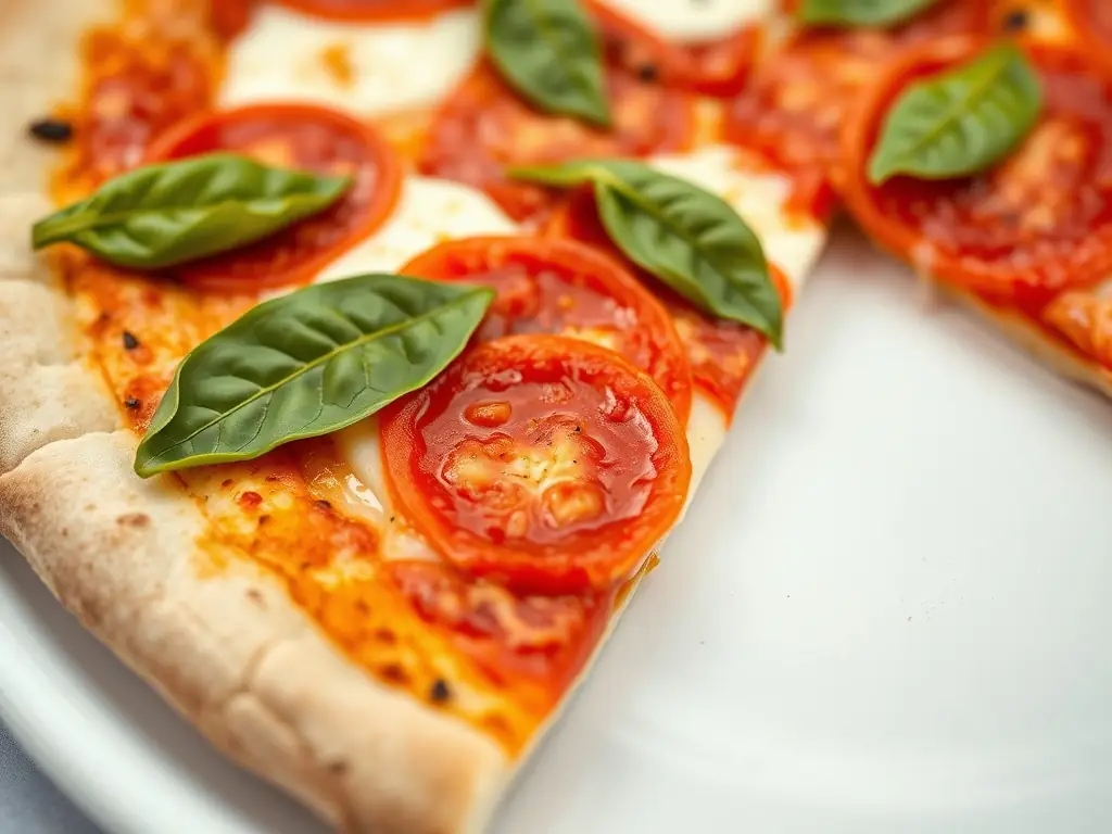 A close-up shot of a Margherita pizza with fresh basil, ripe tomatoes, and melted mozzarella cheese, showcasing its vibrant colors and simple, classic ingredients.