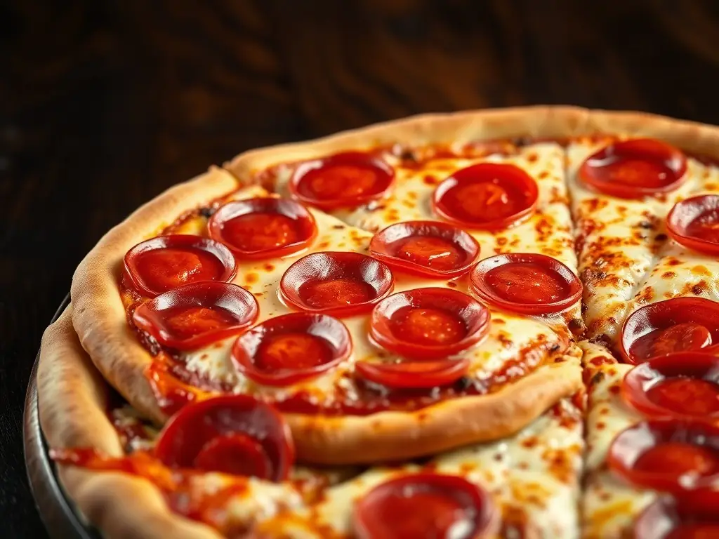A vibrant image of a Pepperoni pizza, showcasing the spicy pepperoni slices, melted cheese, and a perfectly baked crust.